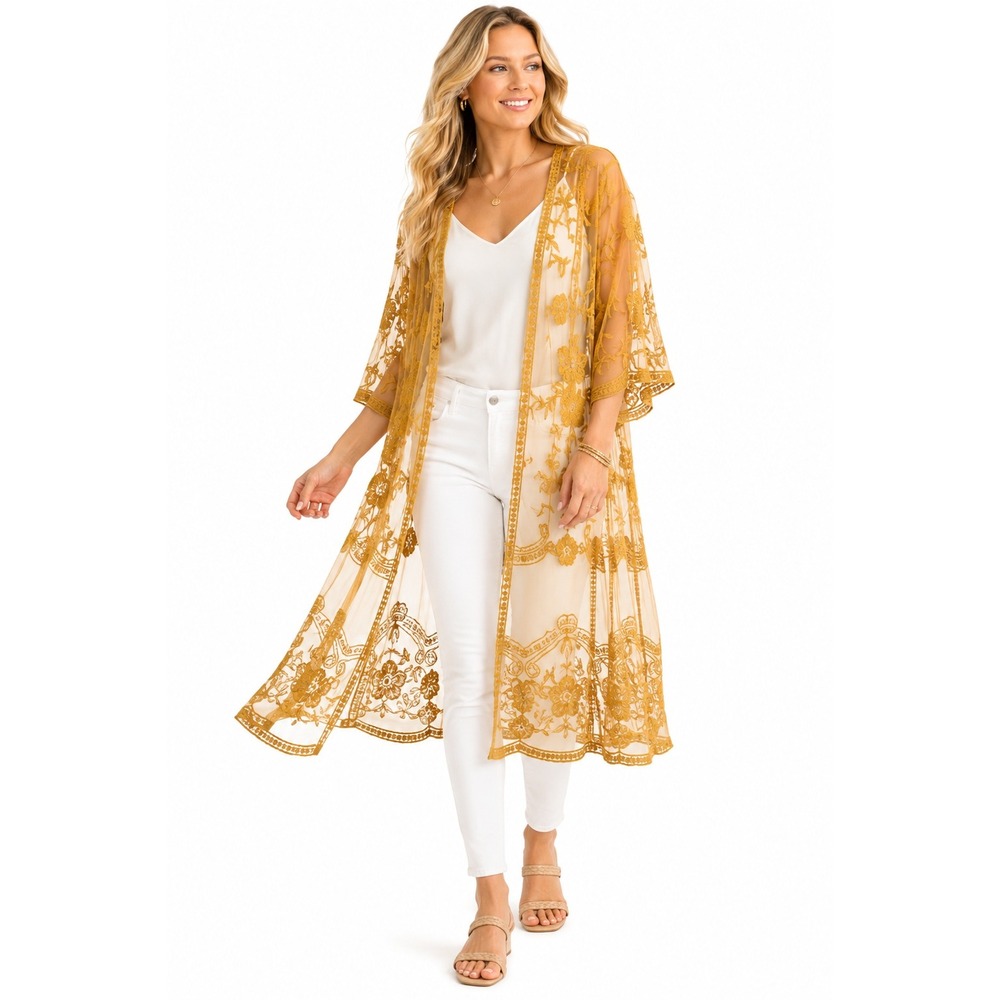 Dizzy Lizzy Kimono Womens M Mustard Yellow Floral‎ Embroidered Sheer Mesh Duster
